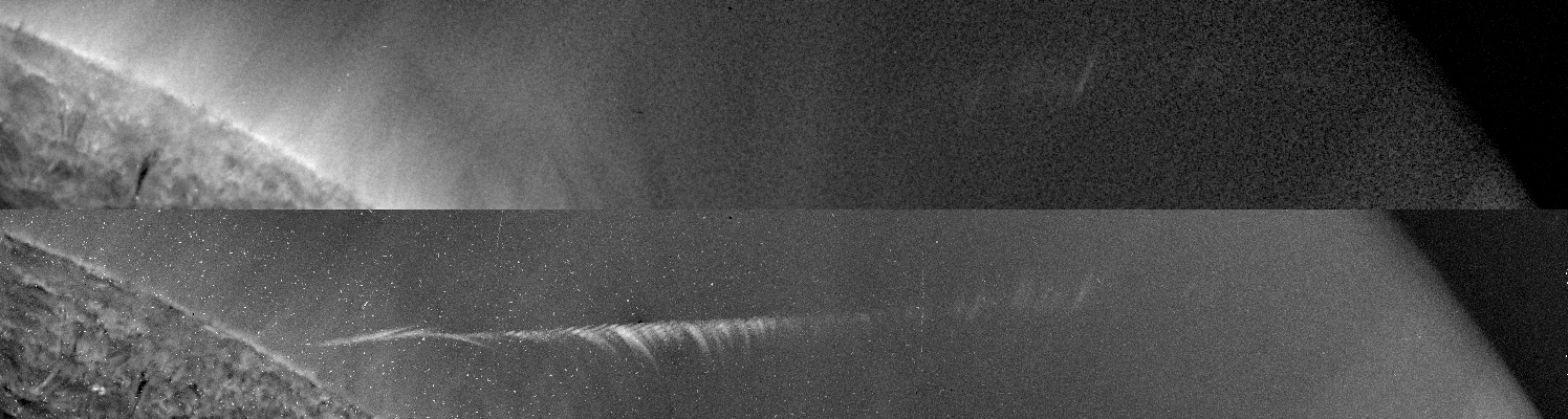 Example of Comet-Corona interaction: Comet 
			Lovejoy on December 16th, 2011. Top: Feathery material captured in a normal SDO/AIA 171 Å frame during the comet’s transit. 
			Bottom: Persistence map showing the cometary material tracing coronal structures during the passage through the Sun’s 
			corona of comet Lovejoy on its egress.