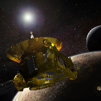 Artist rendering of New Horizons probe sailing past Pluto and Charon (NASA)