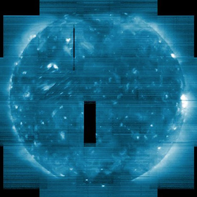 Hinode EUV Imaging Spectrometer scan of the solar disk taken on
	January 18-20, 2020. The image is constructed by re-pointing the spacecraft 15 times and stepping the spectrometer slit over the observed
	field-of-view. Exposures are taken every 30s in many different spectral lines. The data can be used to produce density, temperature, velocity,
	and elemental abundance maps. See, for example, Brooks et al. (2015), Nature Comm. 6, 5947. This image shows the solar corona at a temperature 1.8MK.