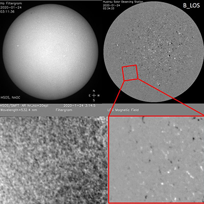 The top left and right panels are the full-disk
	Hα monochromatic images and line of sight photospheric magnetic fields taken with the Fe I 532.4 nm line from the Monitor of
	Solar Activity System. The bottom left and right panels represent the high-resolution photospheric monochromatic images and
	corresponding line-of-sight magnetic fields at Fe I 532.4nm line observed by 35-cm Solar Magnetic Field Telescope on Jan 24, 2020.
	The location as well as the field of view of the high resolution image on the full solar disk is marked by the red box in the top right image.
