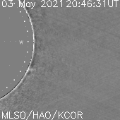 A 3-part CME (loop-cavity-core) on the west limb of the
Sun captured by MLSO's K-Cor on May 3, 2021.